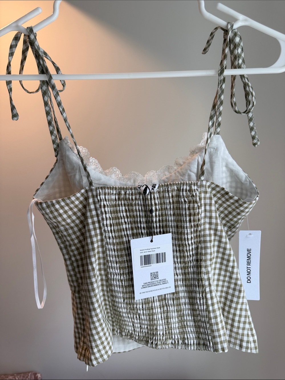 Princess Polly Green Gingham Lace-Trim Tie Strap Tank Top - Picture 4 of 4